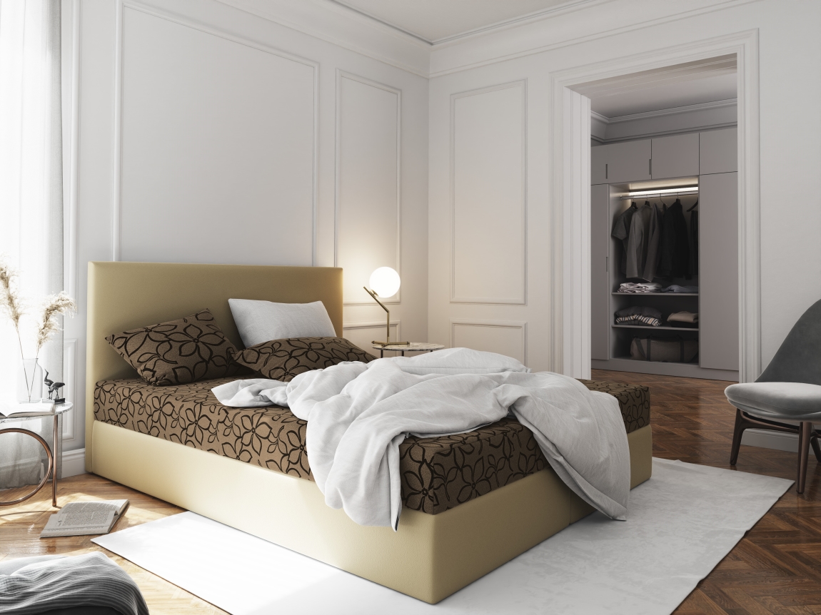 Čalouněná postel CESMIN 160x200 cm, hnědá se vzorem/krémová